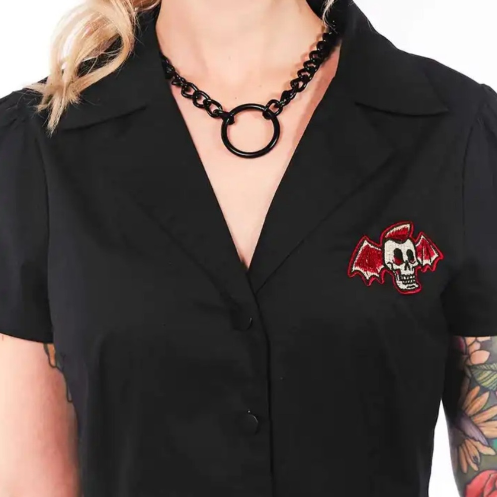 SOURPUSS dress black winged skull patch collared snap closure small NWOT - Picture 2 of 11